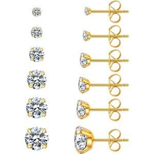 6 Pairs Gold Stud Earrings Set, Hypoallergenic Cubic Zirconia 316L Earrings
